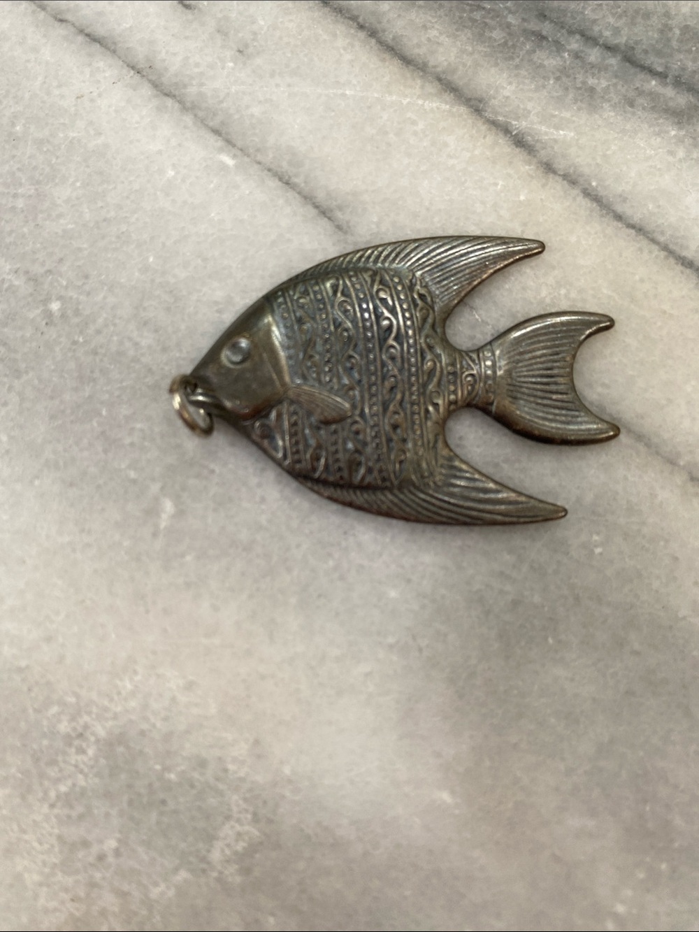 Vintage Silver tone Fish Pendant Charm Gray Nautical Marine Jewelry Embossed